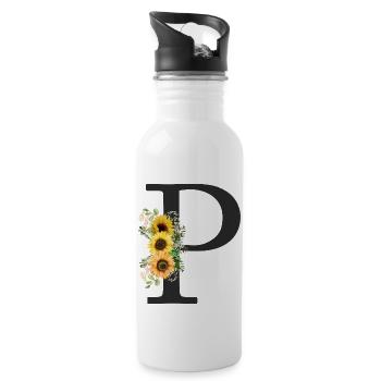 P Monogramm Sonnenblumen - Trinkflasche mit integriertem Trinkhalm - Weiß - Rechts