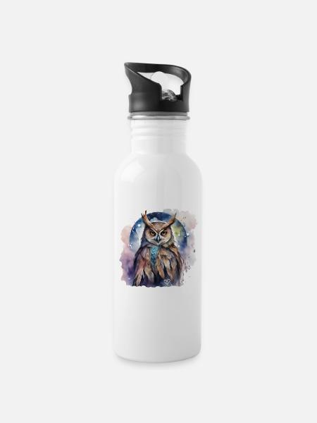 Shamanic Power Animal Owl, Intuition, Wisdom - Water bottle with straw - white