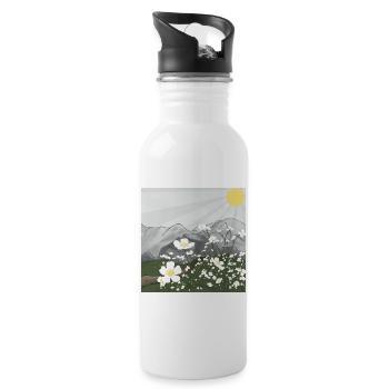 Weiße Blumen-Wiese vor Bergpanorama im Frühling - Trinkflasche mit integriertem Trinkhalm - Weiß - Rechts