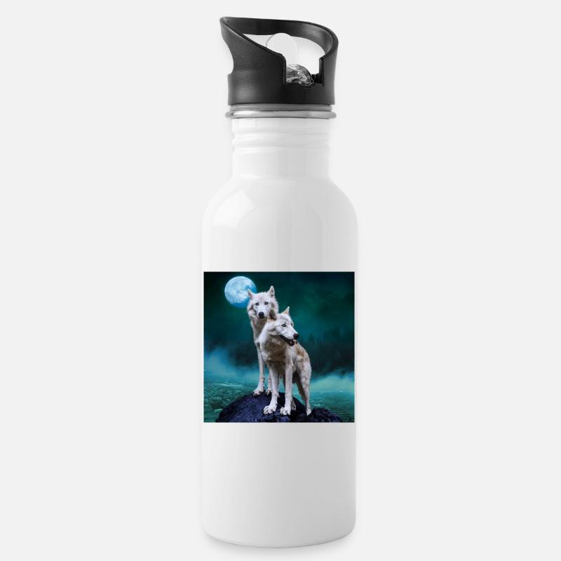 Weiße Wölfe / Zwei weiße Wölfe - Trinkflasche mit integriertem Trinkhalm - Weiß