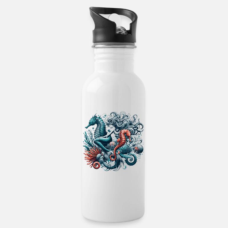 Meerjungfrau Nixe Seepferdchen Geschenk - Trinkflasche mit integriertem Trinkhalm - Weiß