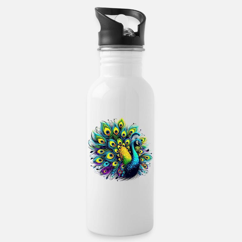 Pfau - Trinkflasche mit integriertem Trinkhalm - Weiß