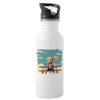 Girl Sitting on a Biplane | Fantasy - Water bottle with straw - white - Right