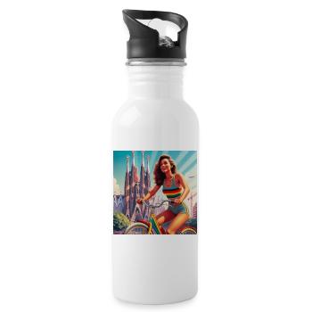 SAGRADA FAMILIA Retro-Mädchen auf dem Fahrrad - Trinkflasche mit integriertem Trinkhalm - Weiß - Rechts