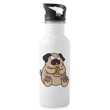 Fat Pug Dog Eating Pizza Funny Comic Style - Water bottle with straw - white - Right