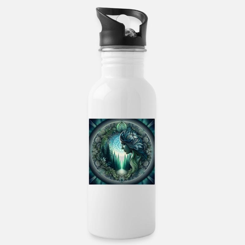 Waldfrau in einem Mandala-Kreis - Trinkflasche mit integriertem Trinkhalm - Weiß