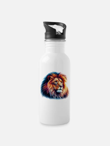 Löwe - Trinkflasche mit integriertem Trinkhalm - Weiß