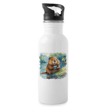 Cute young beaver with mobile phone - Water bottle with straw - white - Right
