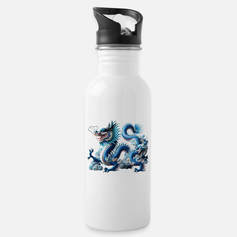 Blauer Drachen im Wolkenfluss - Trinkflasche mit integriertem Trinkhalm - Weiß
