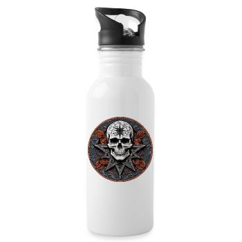 Verzierter Skull und Pentagramm im Gothic Stil - Trinkflasche mit integriertem Trinkhalm - Weiß - Rechts