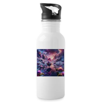 Surreal Dreamscape: Neon Waters - Water bottle with straw - white - Right