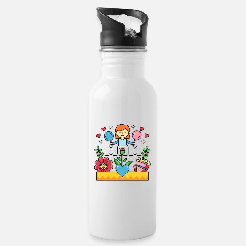 MOM Blühende Mutterliebe Cartoon - Trinkflasche mit integriertem Trinkhalm - Weiß