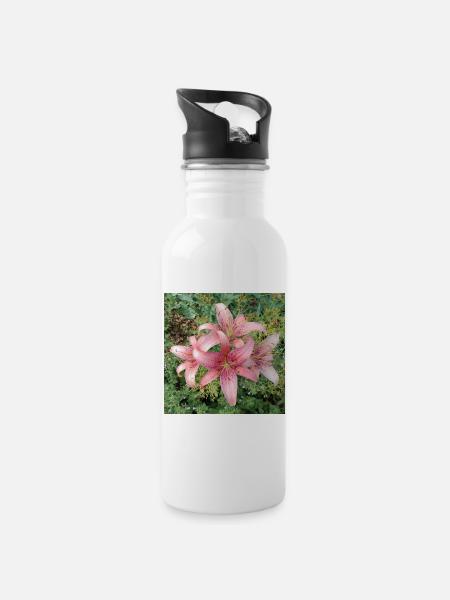 Rosa Lilienblüten - Trinkflasche mit integriertem Trinkhalm - Weiß