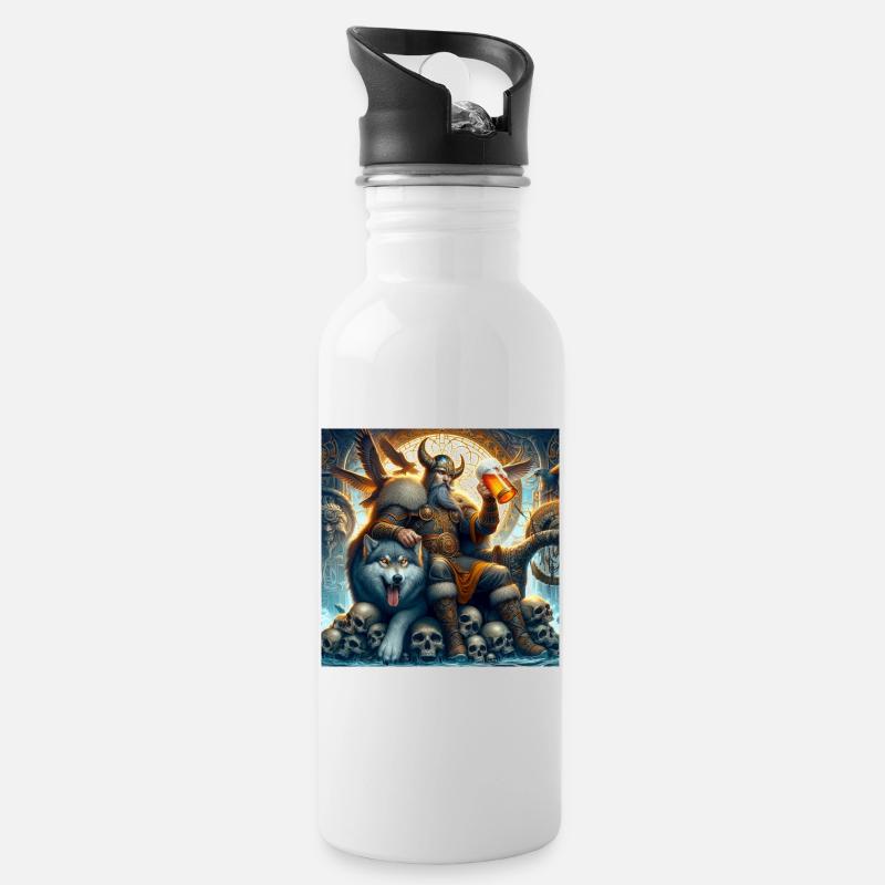 Wikinger mit Wolf - Trinkflasche mit integriertem Trinkhalm - Weiß