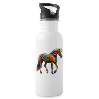 Pferd mit Blumen geschmückt - Trinkflasche mit integriertem Trinkhalm - Weiß - Rechts