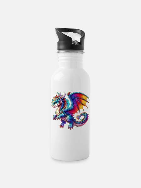 Drache - Trinkflasche mit integriertem Trinkhalm - Weiß