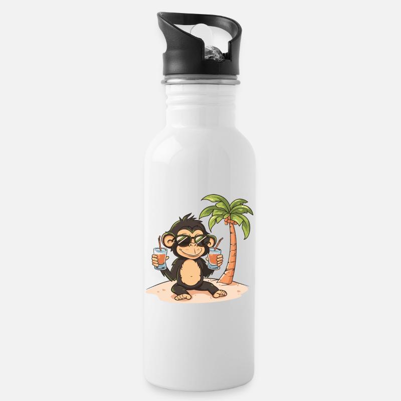 Affe Insel Sommer Palme - Trinkflasche mit integriertem Trinkhalm - Weiß