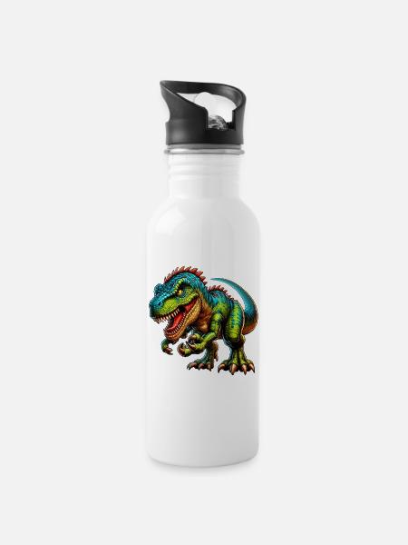Dinosaurier - Trinkflasche mit integriertem Trinkhalm - Weiß