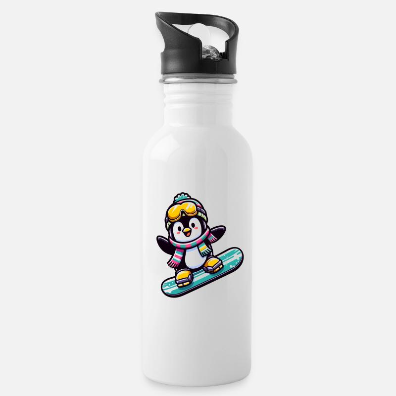 Snowboard Star: Der gleitende Pinguin - Trinkflasche mit integriertem Trinkhalm - Weiß