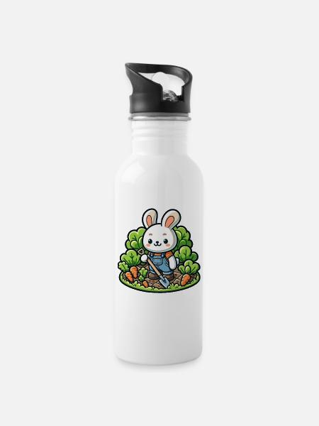 Erntetrichter: Der Gartenhase - Trinkflasche mit integriertem Trinkhalm - Weiß