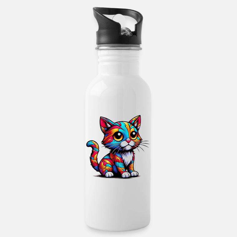 Katze - Trinkflasche mit integriertem Trinkhalm - Weiß