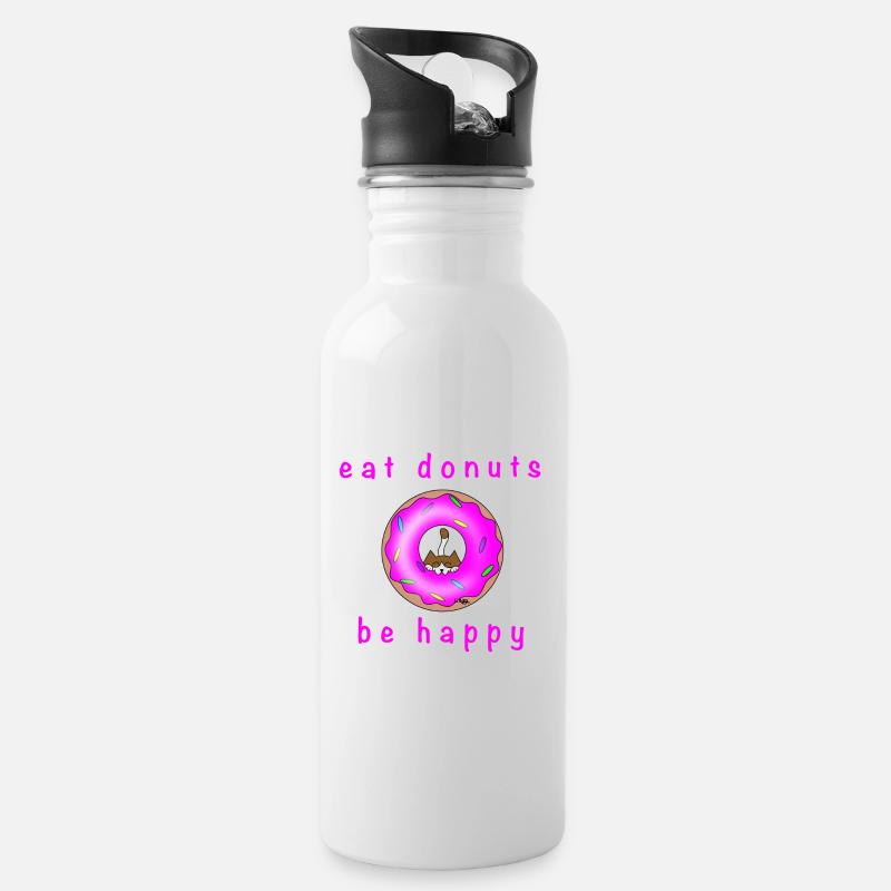 Katze mit Donat - Trinkflasche mit integriertem Trinkhalm - Weiß