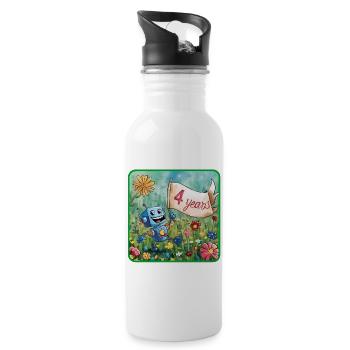 4 Jahre, 4. Geburtstag Roboter auf Blumenwiese - Trinkflasche mit integriertem Trinkhalm - Weiß - Rechts