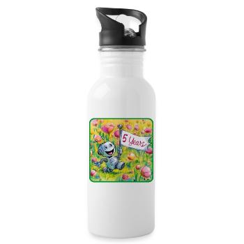 5 Jahre, 5. Geburtstag Roboter auf Blumenwiese - Trinkflasche mit integriertem Trinkhalm - Weiß - Rechts
