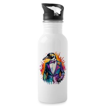 Pinguin im Anzug - Trinkflasche mit integriertem Trinkhalm - Weiß - Rechts