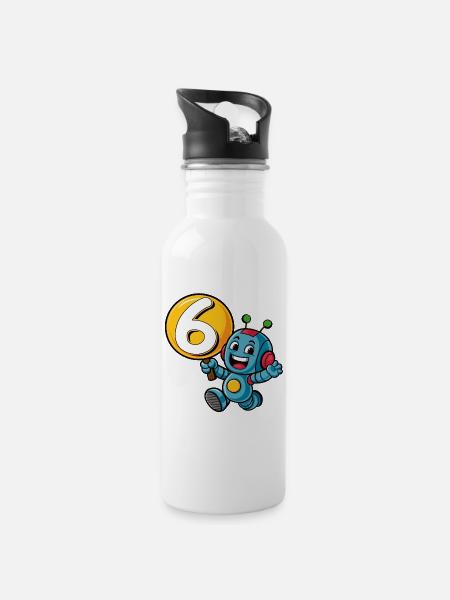 Endlich 6 Jahre sechs sechster Geburtstag Roboter - Trinkflasche mit integriertem Trinkhalm - Weiß