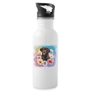 Brauner Labrador mit Blumen - Trinkflasche mit integriertem Trinkhalm - Weiß - Rechts