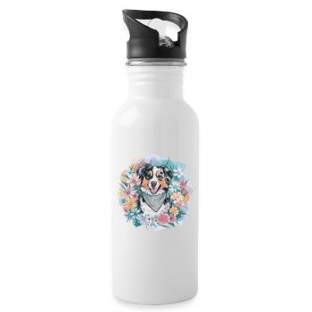 Australian Shepherd with Flowers - Water bottle with straw - white - Right