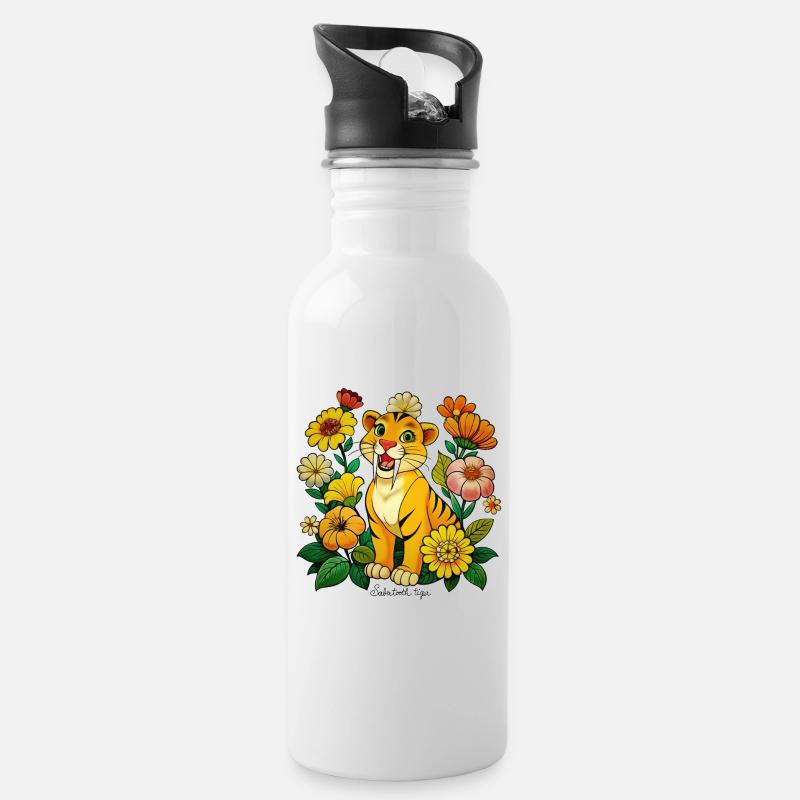 Niedlicher Tiger mit Säbelzähnen - Trinkflasche mit integriertem Trinkhalm - Weiß