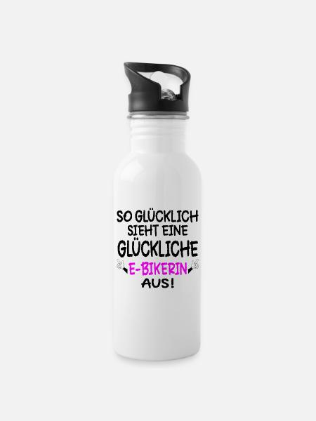 GLÜCKLICHE E-BIKE - FAHRRADFAHRERIN RAD - Trinkflasche mit integriertem Trinkhalm - Weiß