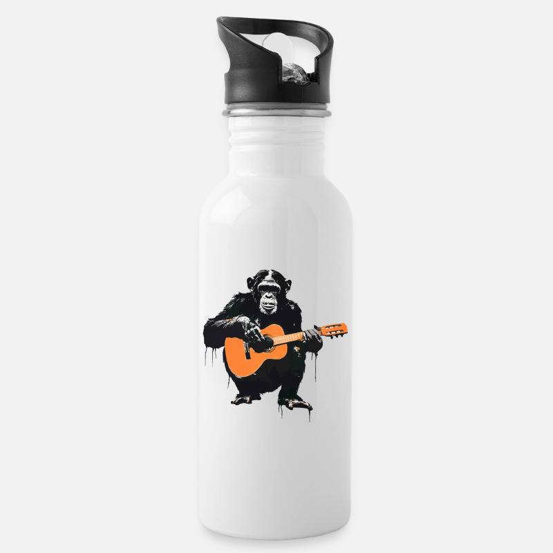Schimpanse mit Gitarre - Trinkflasche mit integriertem Trinkhalm - Weiß