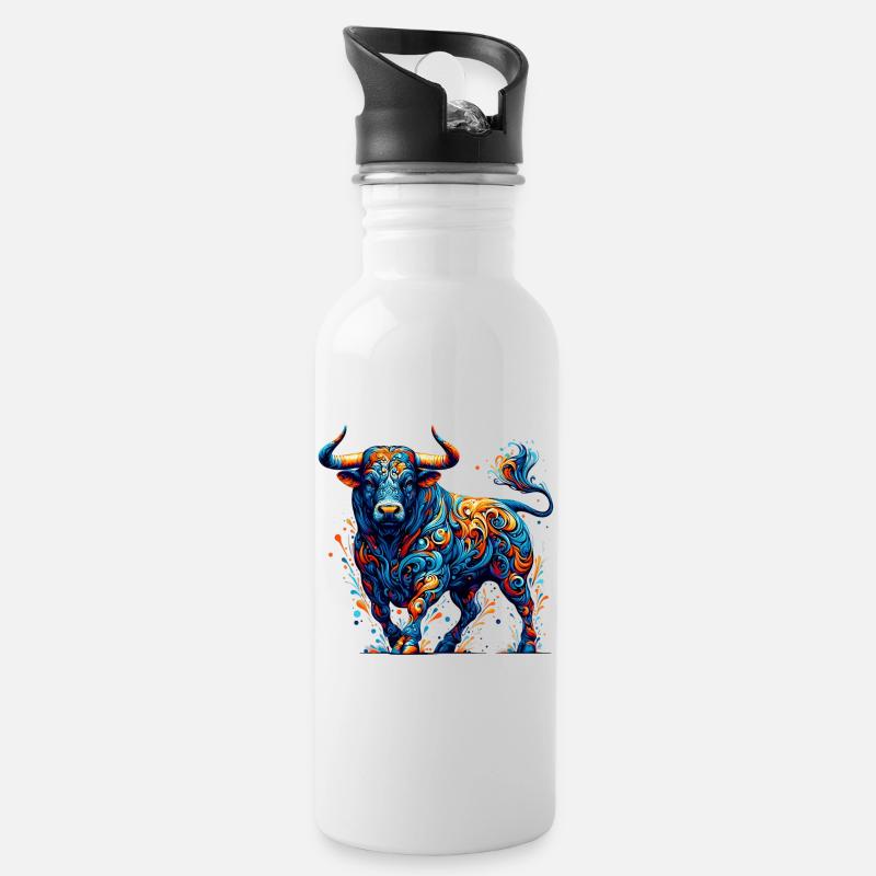 Stier - Trinkflasche mit integriertem Trinkhalm - Weiß