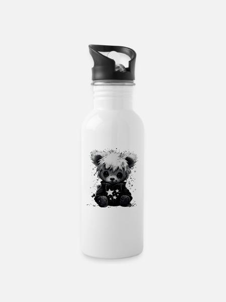 Niedlicher Emo Teddybär - Trinkflasche mit integriertem Trinkhalm - Weiß