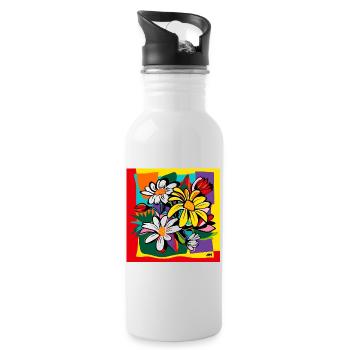 Pop Art Stil / farbenfrohes Blumen-Motiv - Trinkflasche mit integriertem Trinkhalm - Weiß - Rechts