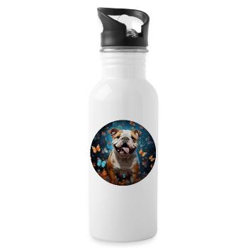 English Bulldog with Flowers and Butterflies - Water bottle with straw - white - Right