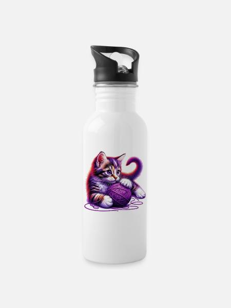 Katze spielt mit einem Wollknäuel - Trinkflasche mit integriertem Trinkhalm - Weiß