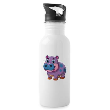 Hippo Cute Mascot Cartoon Character Kawaii - Water bottle with straw - white - Right