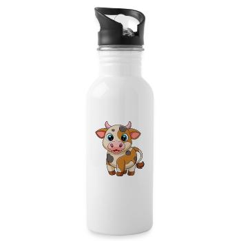 Cow Cute Mascot Cartoon Character Kawaii - Water bottle with straw - white - Right