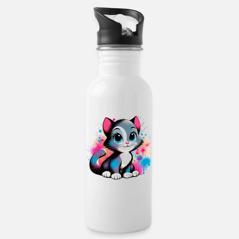 Katze - Trinkflasche mit integriertem Trinkhalm - Weiß