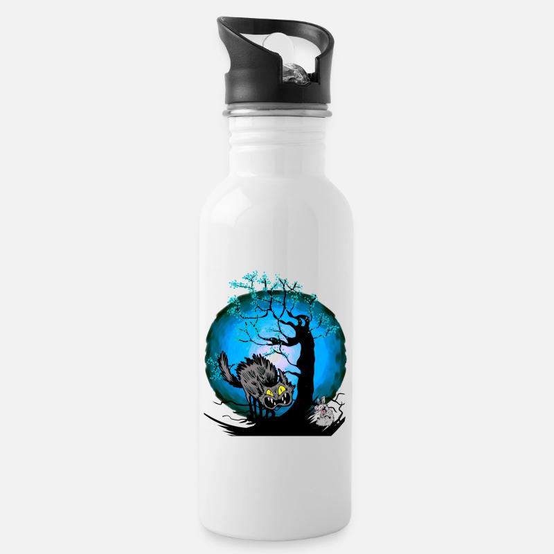 Halloween Katze Katzen Maus - Trinkflasche mit integriertem Trinkhalm - Weiß