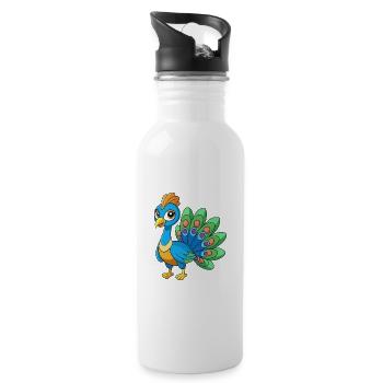 Peacock Cute Mascot Cartoon Character Kawaii - Water bottle with straw - white - Right