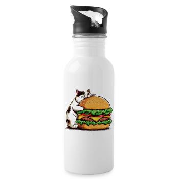 Chat gourmand et hamburger - Gourde avec paille intégrée - blanc - Droite