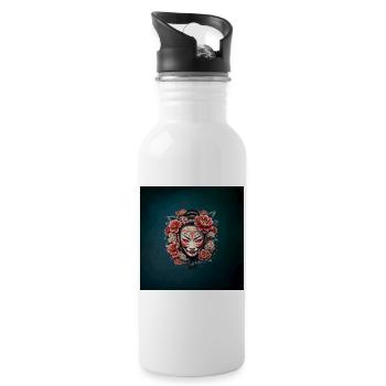 Japanese mask decorated with flowers. - Water bottle with straw - white - Right