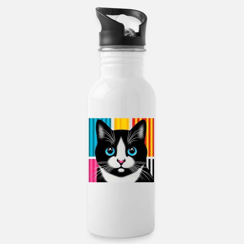 Katze - Trinkflasche mit integriertem Trinkhalm - Weiß