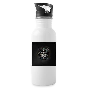 Cute steampunk cat with clocks and gears. - Water bottle with straw - white - Right