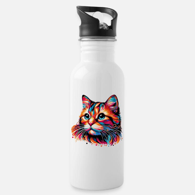 Katze - Trinkflasche mit integriertem Trinkhalm - Weiß